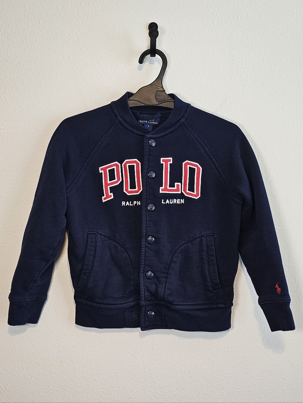 Polo Ralph Lauren Boys Navy Blue Fleece Varsity Baseball Jacket Size 6 Snap
